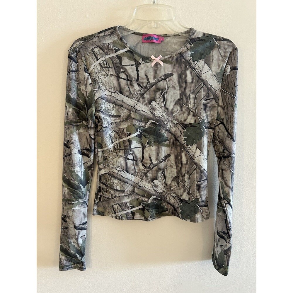 Edikted Camo Babe Mesh Long Sleeve Top Women’s Size M
